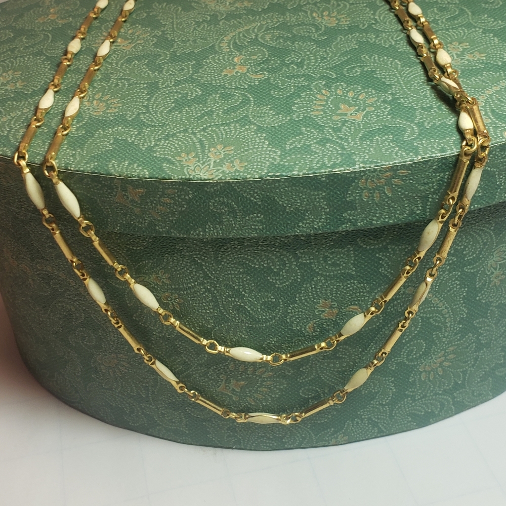 Vintage Enamel Link Cream Gold Tone Long Chain Necklace